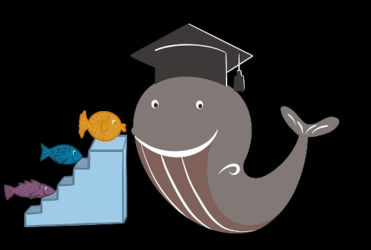 Wal-Illustration neben einer Treppe mit Fischen